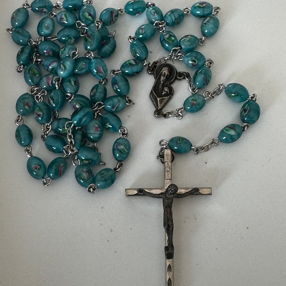 Vintage Catholic Blue Czech Peacock Glass Rosary Rare Silver Tone Crucifix Italy